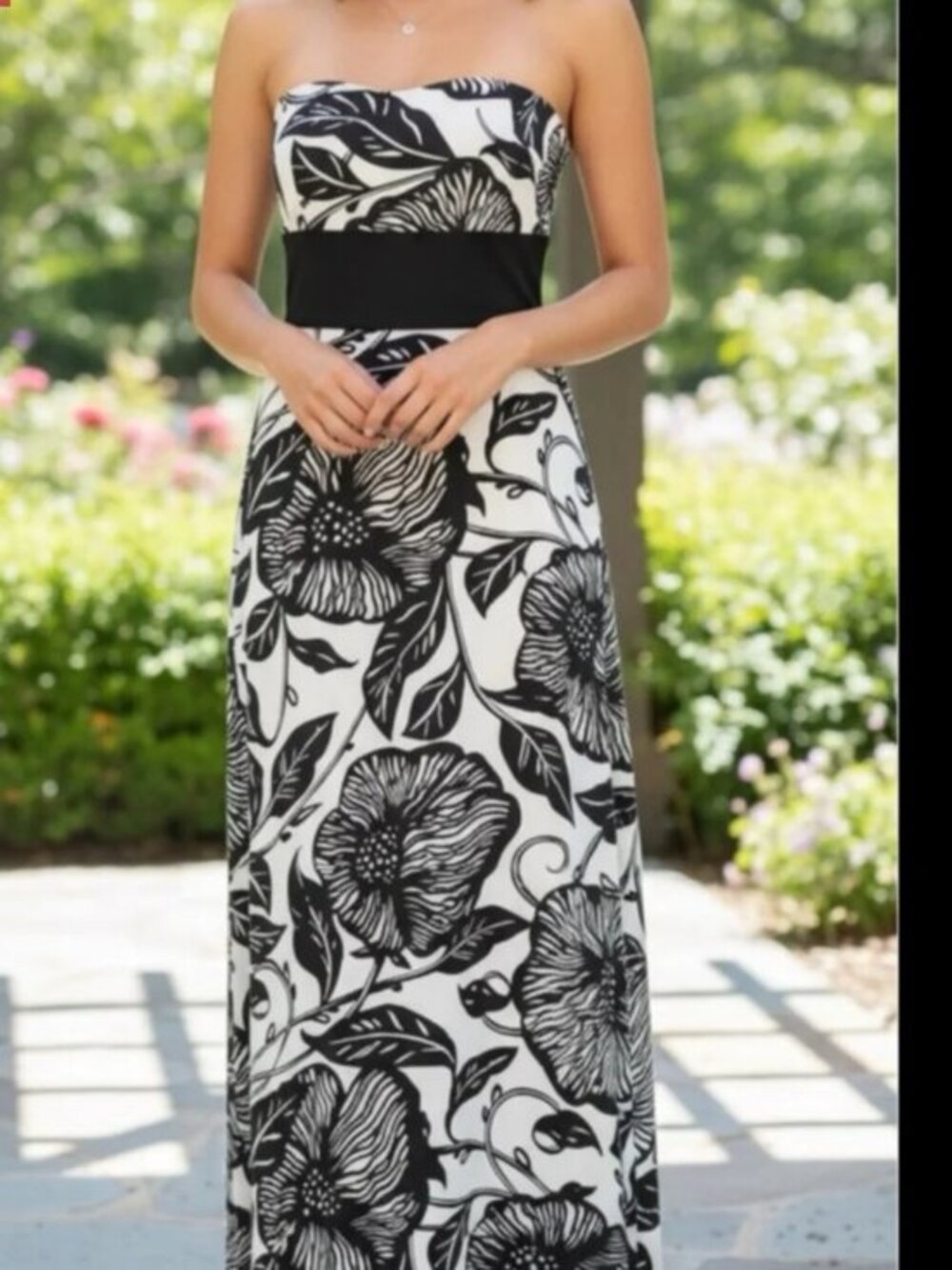 White House Black Market Black & White Strapless Floral Maxi Dress size 2 NWT
